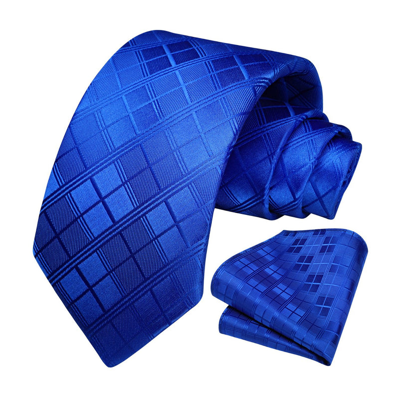 Men's Plaid Tie Handkerchief Set - C6-COBALT BLUE