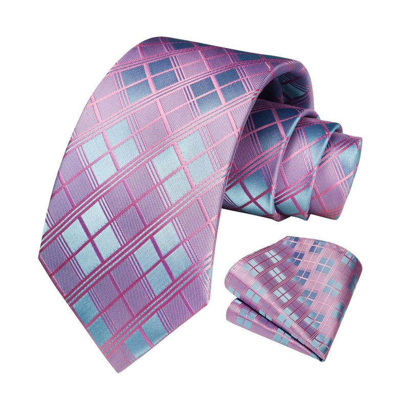 Men's Plaid Tie Handkerchief Set - C7-PINK