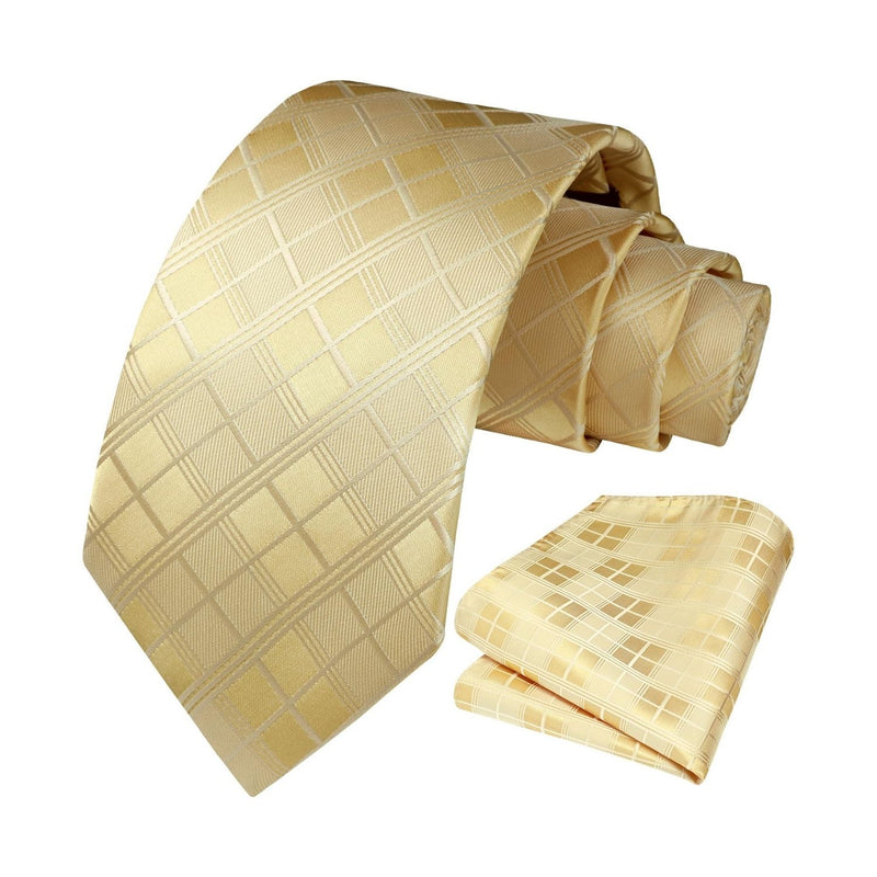 Men's Plaid Tie Handkerchief Set - CHAMPAGNE