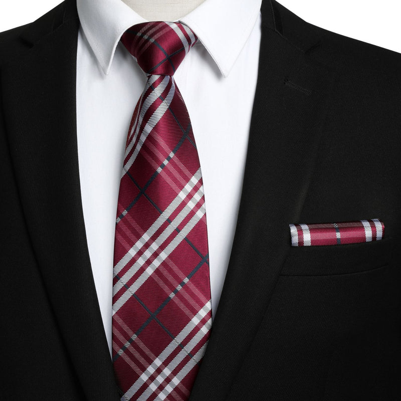 Plaid Tie Handkerchief Set - 062-BURGUNDY/GREY/BLACK