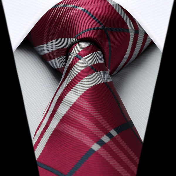 Plaid Tie Handkerchief Set - 062-BURGUNDY/GREY/BLACK