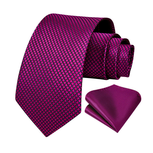 Men's Plaid Tie Handkerchief Set - C3- HOT PINK