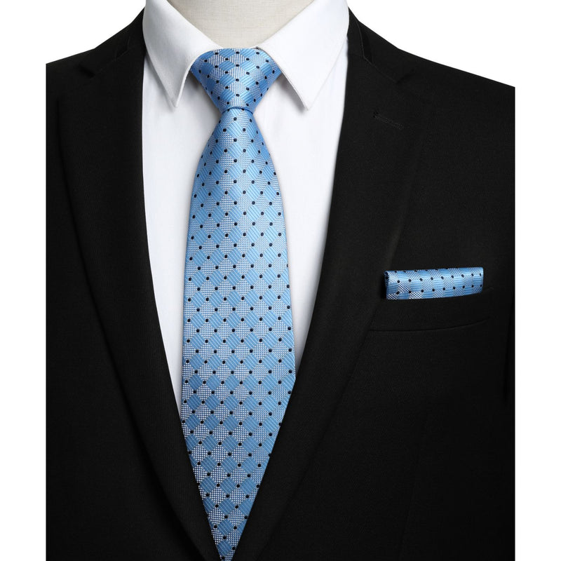 Plaid Dot Tie Handkerchief Set - LIGHT BLUE