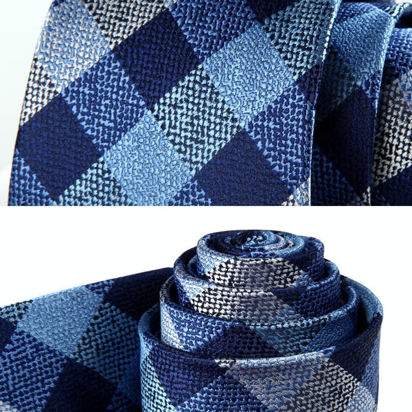 Plaid Tie Handkerchief Set - 058-NAVY BLUE/GRAY