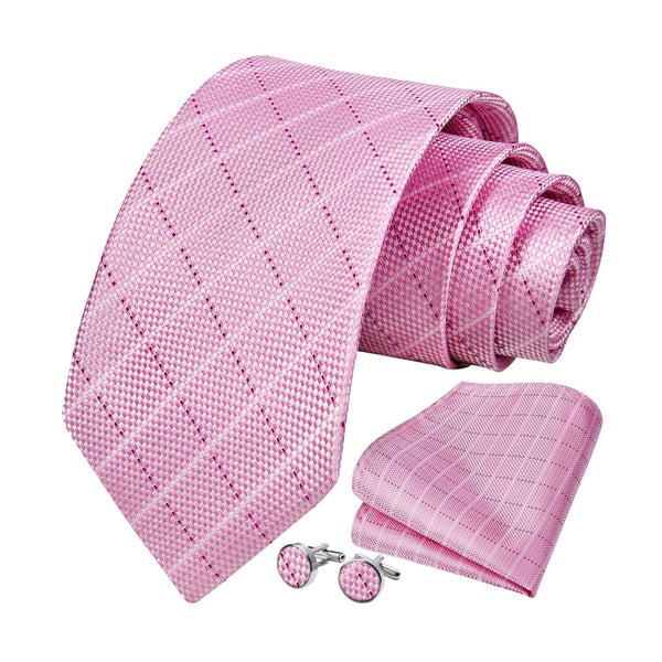 Men's Plaid Tie Handkerchief Cufflinks - 03-PINK2