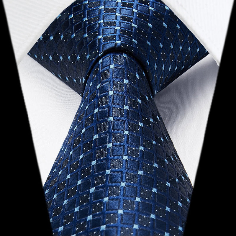 Men's Plaid Tie Handkerchief Set - C4- NAVY BLUE