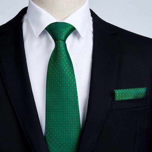 Men's Plaid Tie Handkerchief Cufflinks - 05-GREEN2