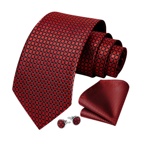 Men's Plaid Tie Handkerchief Cufflinks - 02-RED