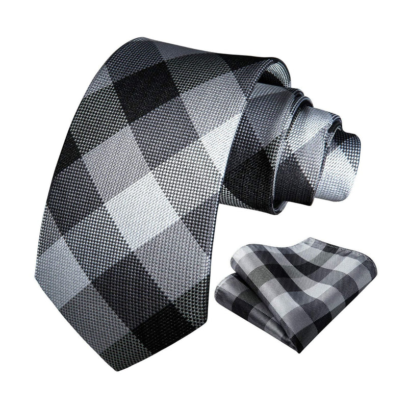 Plaid Tie Handkerchief Set - BLACK/GRAY/WHITE