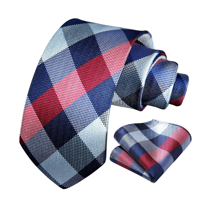 Plaid Tie Handkerchief Set - B-BLUE/RED/WHITE