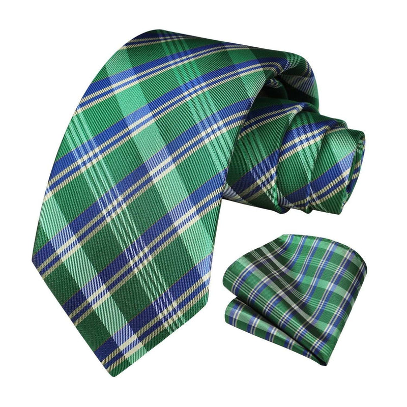 Men's Plaid Tie Handkerchief Set - E2-GREEN