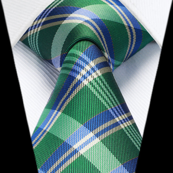 Men's Plaid Tie Handkerchief Set - E2-GREEN