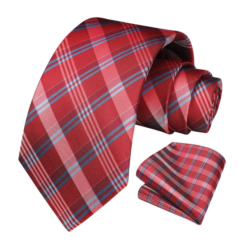 Men's Plaid Tie Handkerchief Set - E2-RED