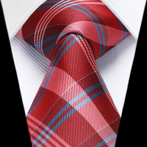 Men's Plaid Tie Handkerchief Set - E2-RED