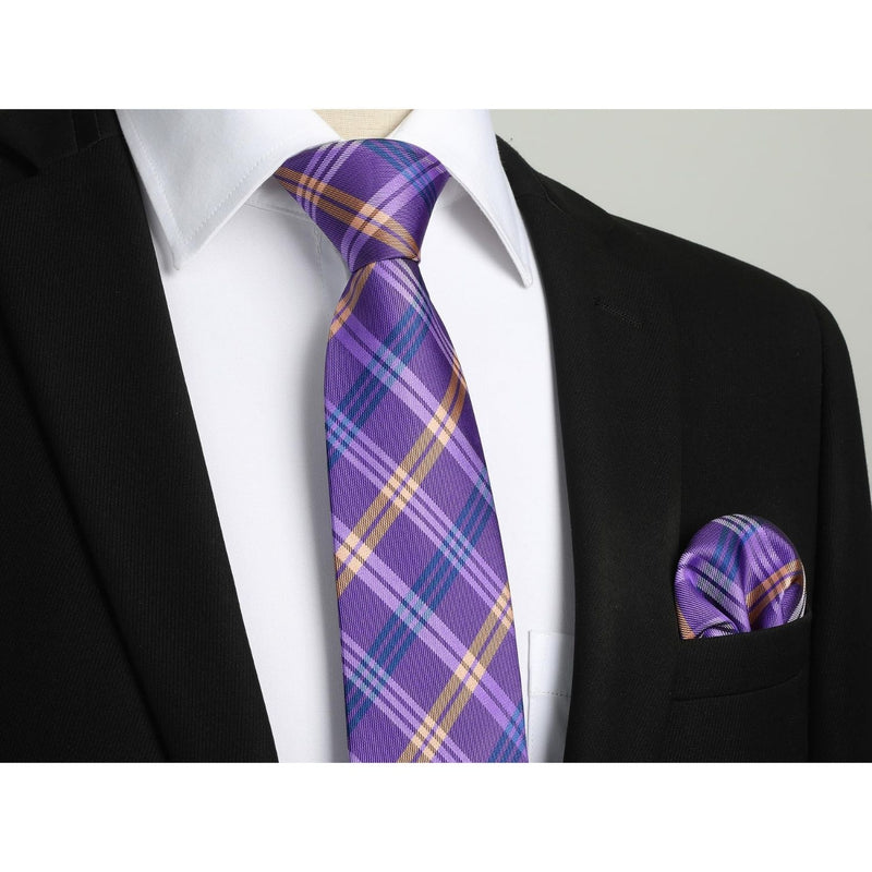 Men's Plaid Tie Handkerchief Set - 024-PURPLE