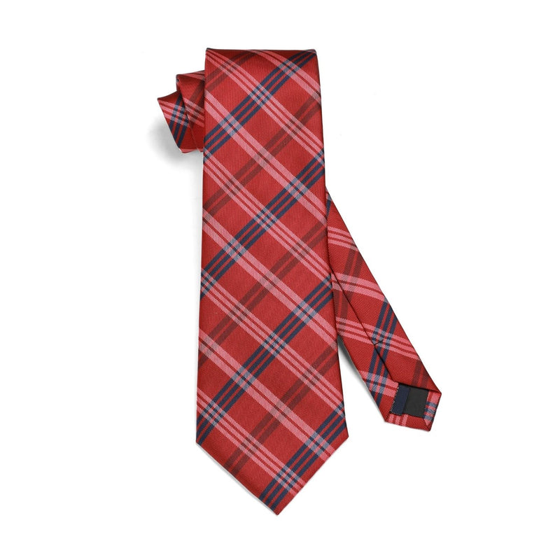 Men's Plaid Tie Handkerchief Cufflinks - 02-RED3