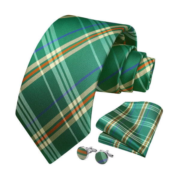 Men's Plaid Tie Handkerchief Cufflinks - 05-GREEN6