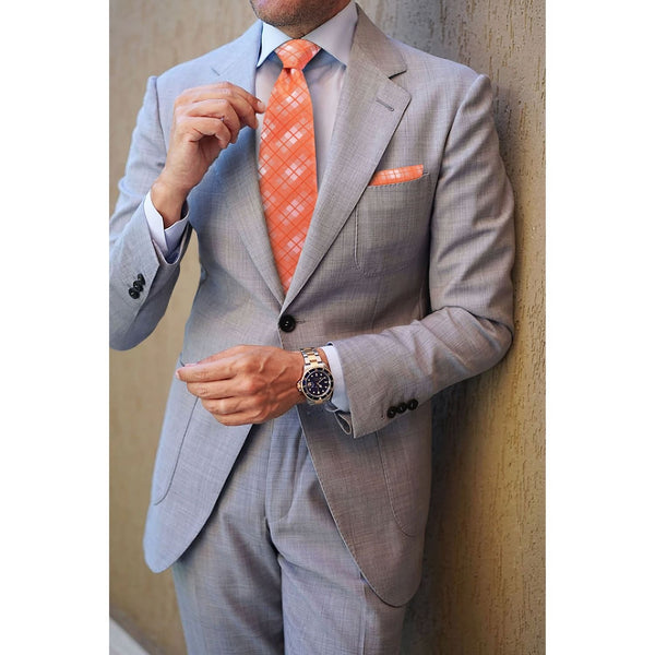 Men's Plaid Tie Handkerchief Set - B-ORANGE