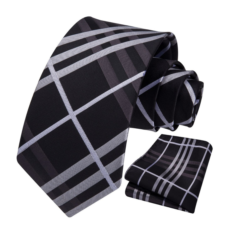 Men's Plaid Tie Handkerchief Set - F2-BLACK