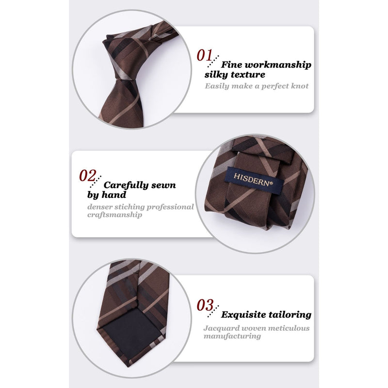 Men's Plaid Tie Handkerchief Set - F2-BROWN