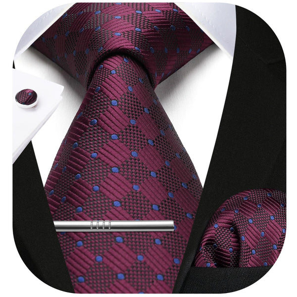 Plaid Tie Handkerchief Cufflinks Clip - DARK RED
