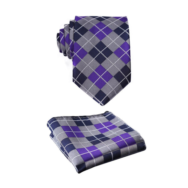 Plaid Tie Handkerchief Set - E-PURPLE/GRAY