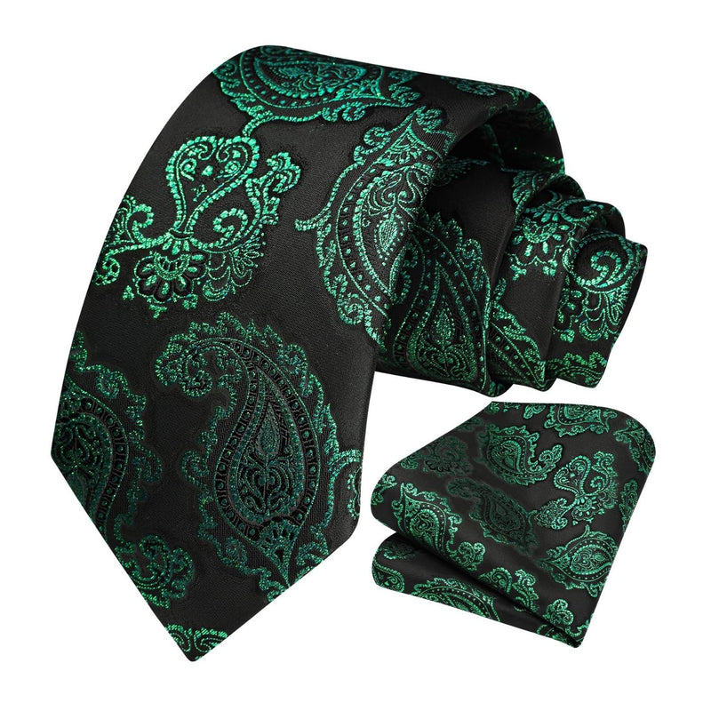 Paisley Extra Long Tie Handkerchief Set - D6-BLACK/GREEN