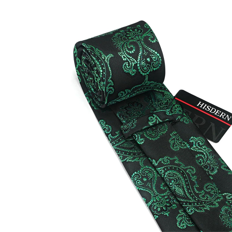 Paisley Extra Long Tie Handkerchief Set - D6-BLACK/GREEN