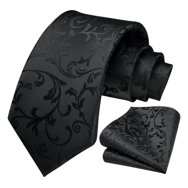 Floral Tie Handkerchief Set - BLACK-1