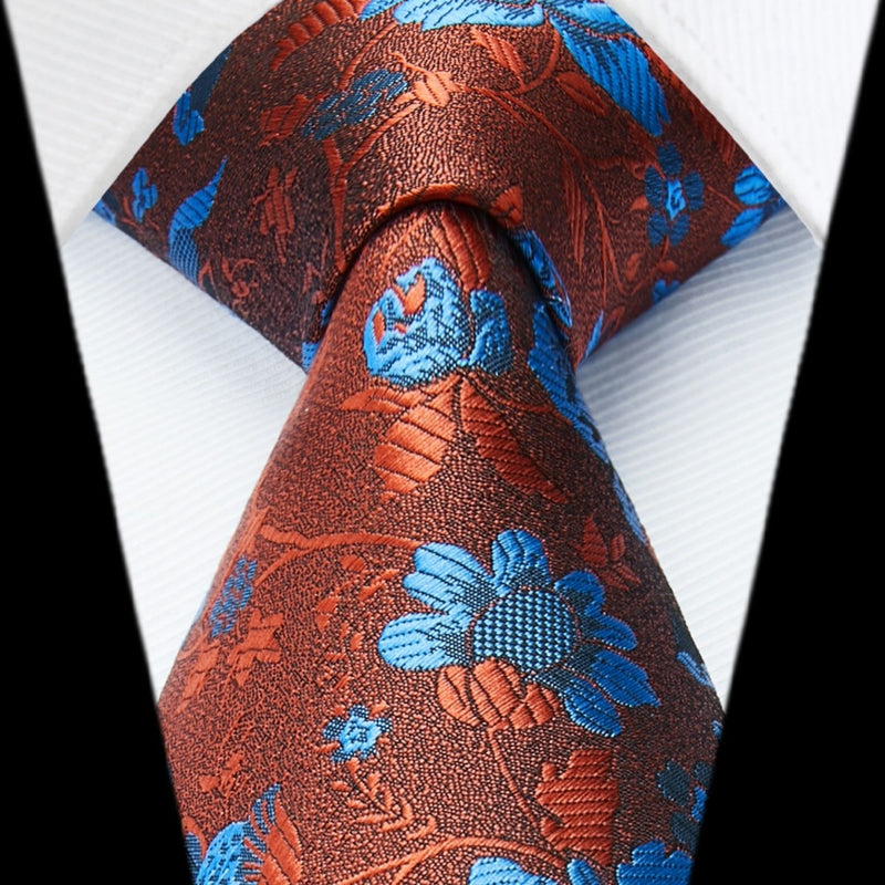 Floral Tie Handkerchief Set - ORANGE BLUE FLOWER