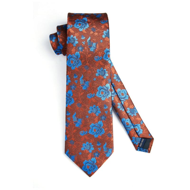 Floral Tie Handkerchief Set - ORANGE BLUE FLOWER