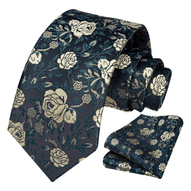 Floral Tie Handkerchief Set - DARK GREEN FLORAL