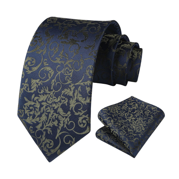 Floral Tie Handkerchief Set - A NAVY BLUE/BROWN
