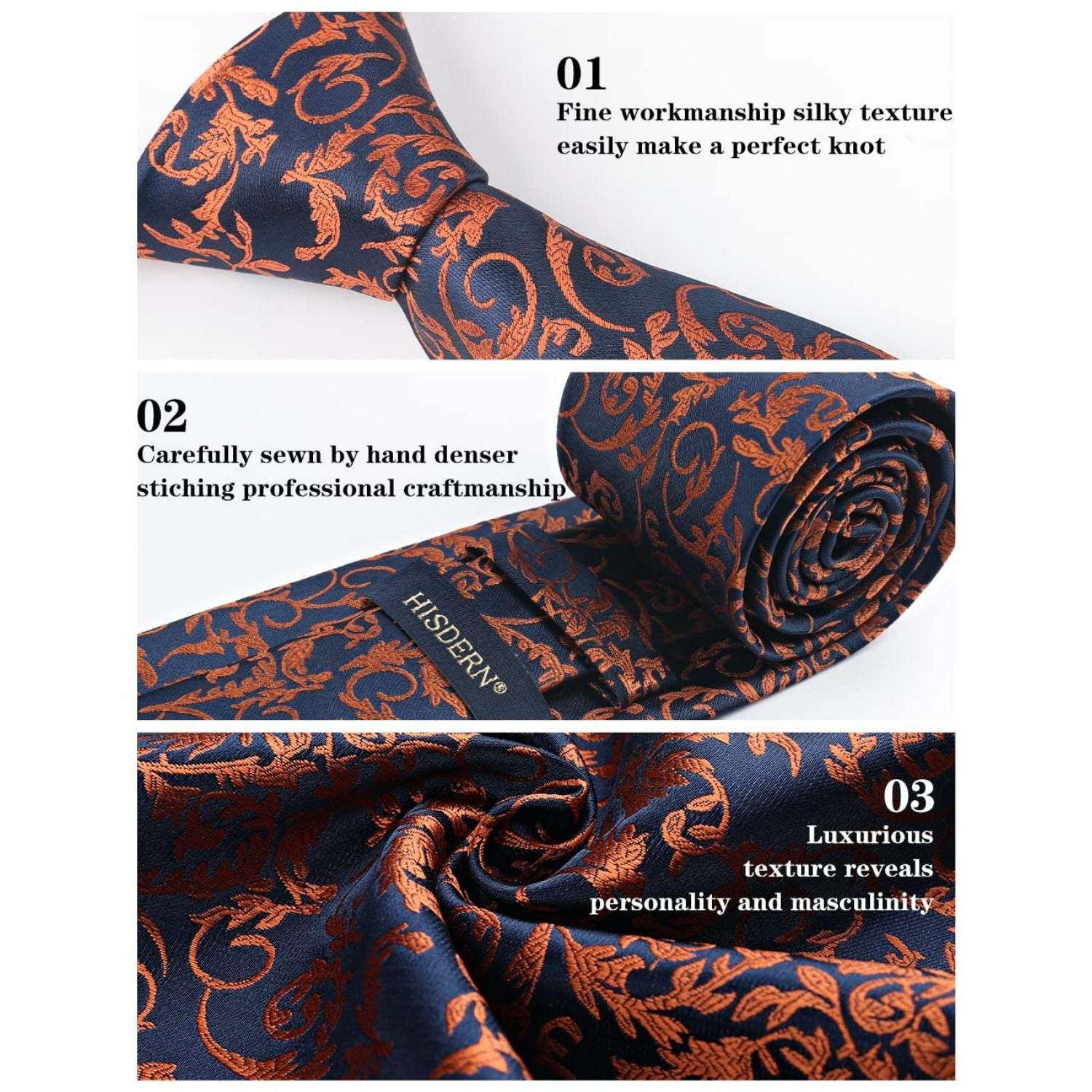 Hisdern Orange Navy Blue Paisley Tie Set For Formal Wear
