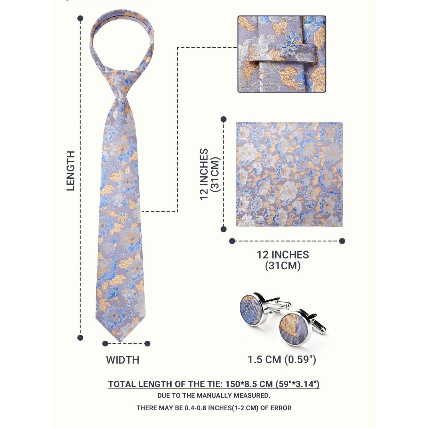 Hisdern Blue White Floral Wedding Tie Set with Cufflinks