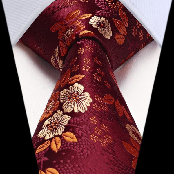 Floral Tie Handkerchief Set - W-BURGUNDY