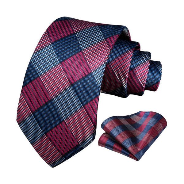 Plaid Tie Handkerchief Set - RED/NAVY BLUE