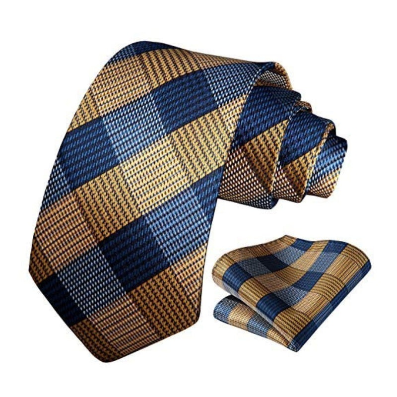 Plaid Tie Handkerchief Set - YELLOW/NAVY BLUE