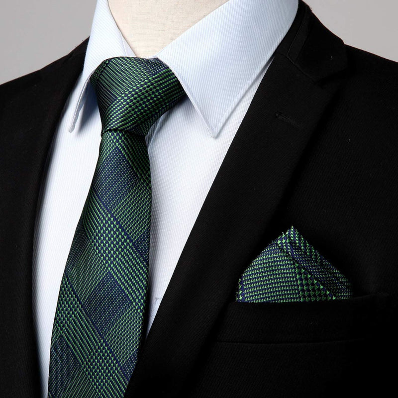 Houndstooth Tie Handkerchief Tie Set - GREEN/NAVY BLUE