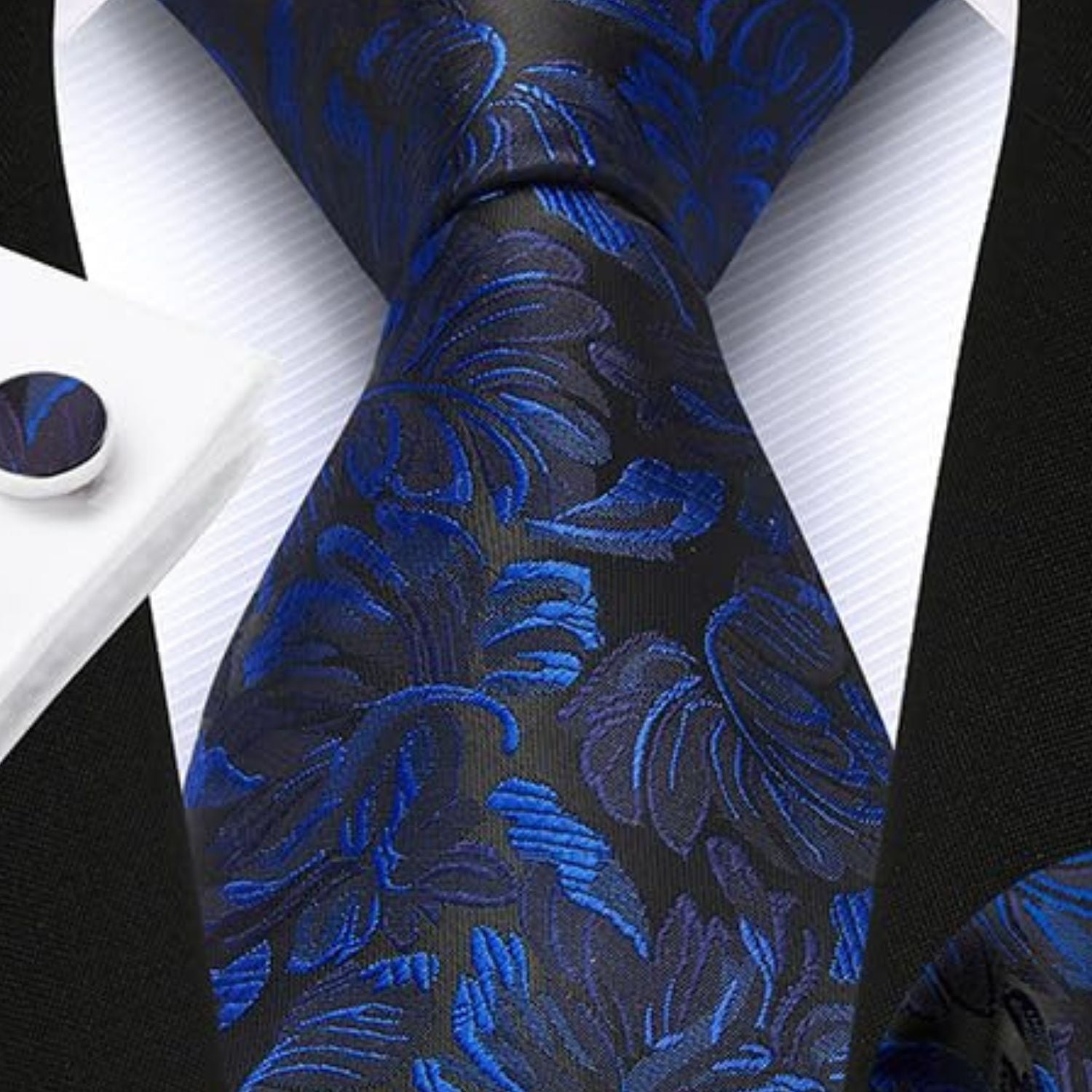 Hisdern Blue Floral Wedding Tie Set with Cufflinks