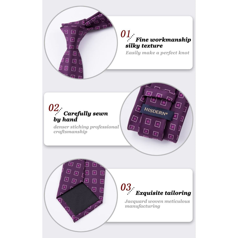 Men's Plaid Tie Handkerchief Set - F2-PURPLE