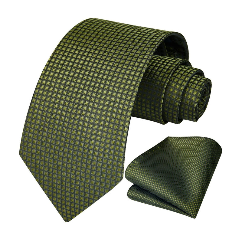 Plaid Tie Handkerchief Set - 021-OLIVE