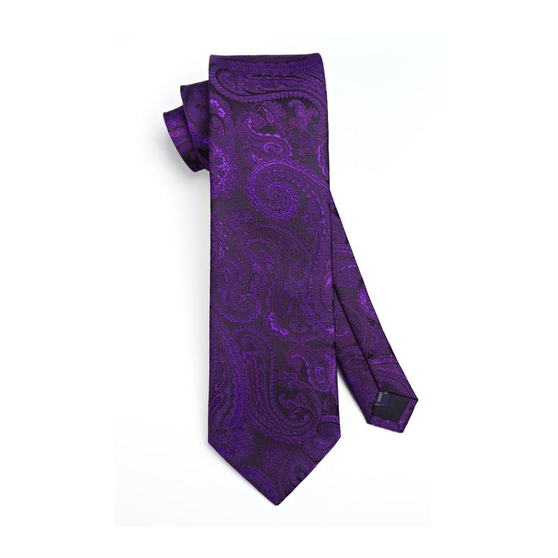 Paisley Extra Long Tie Handkerchief Set - D8-PURPLE