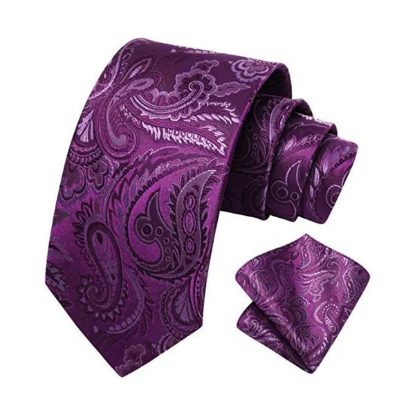 Paisley Tie Handkerchief Set - A10-PLUM/PURPLE