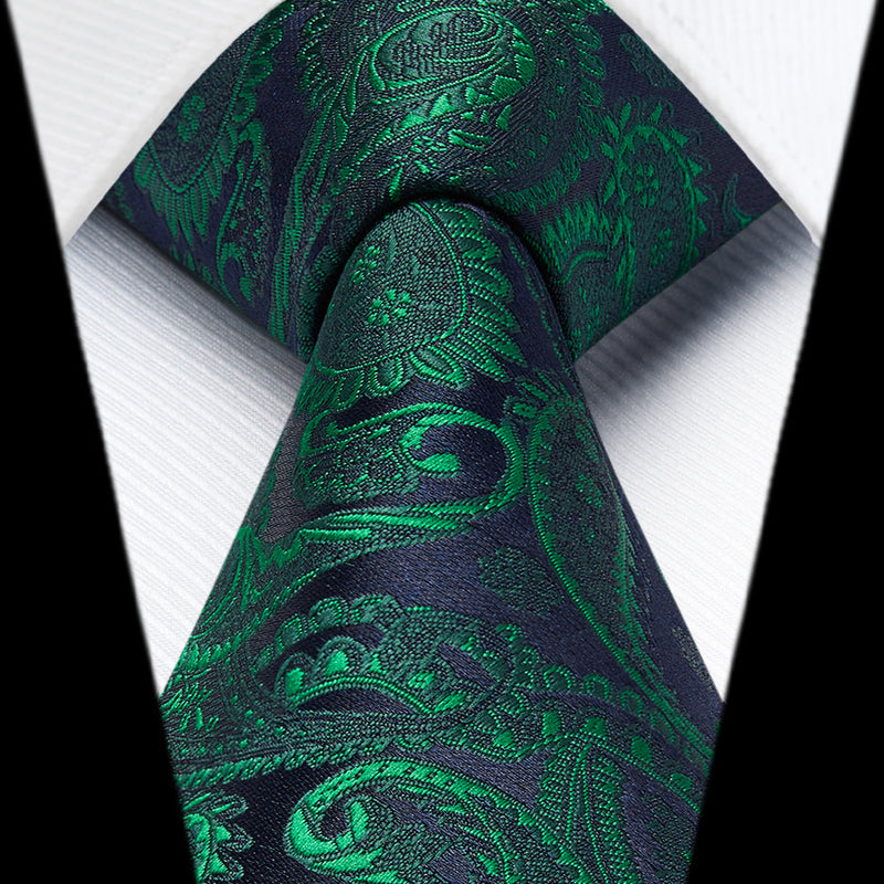 Green paisley tie and pocket square set 