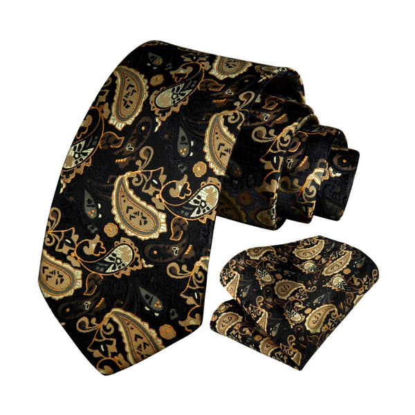 Krawatten-Taschentuch-Set mit Paisley-Blumenmuster - GOLD/SCHWARZ