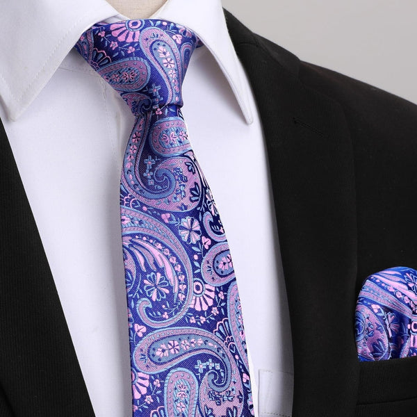 Paisley Extra Long Tie Handkerchief Set - C23-BLUE