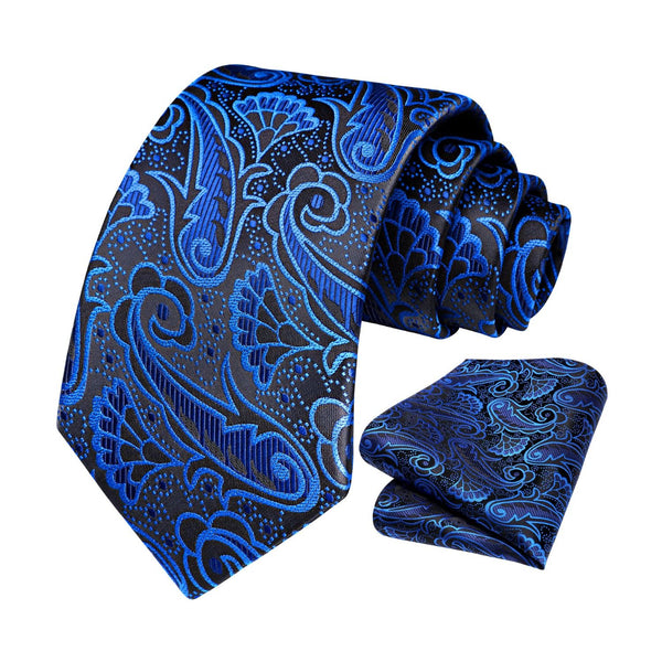 Paisley Floral Tie Handkerchief Set - BLUE/BLACK