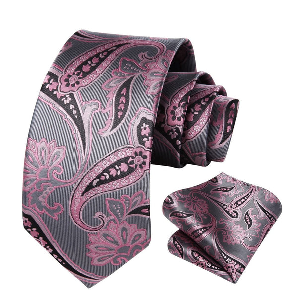 Paisley Tie Extra Long Handkerchief Set - F-02 PINK/GRAY