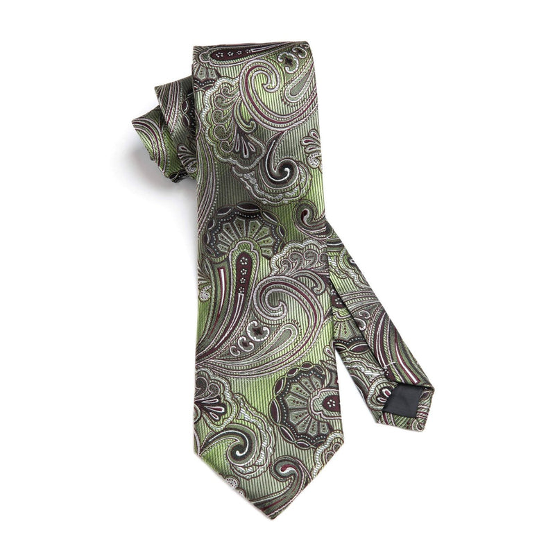 Paisley Tie Handkerchief Set - OLIVE GREEN/BURGUNDY
